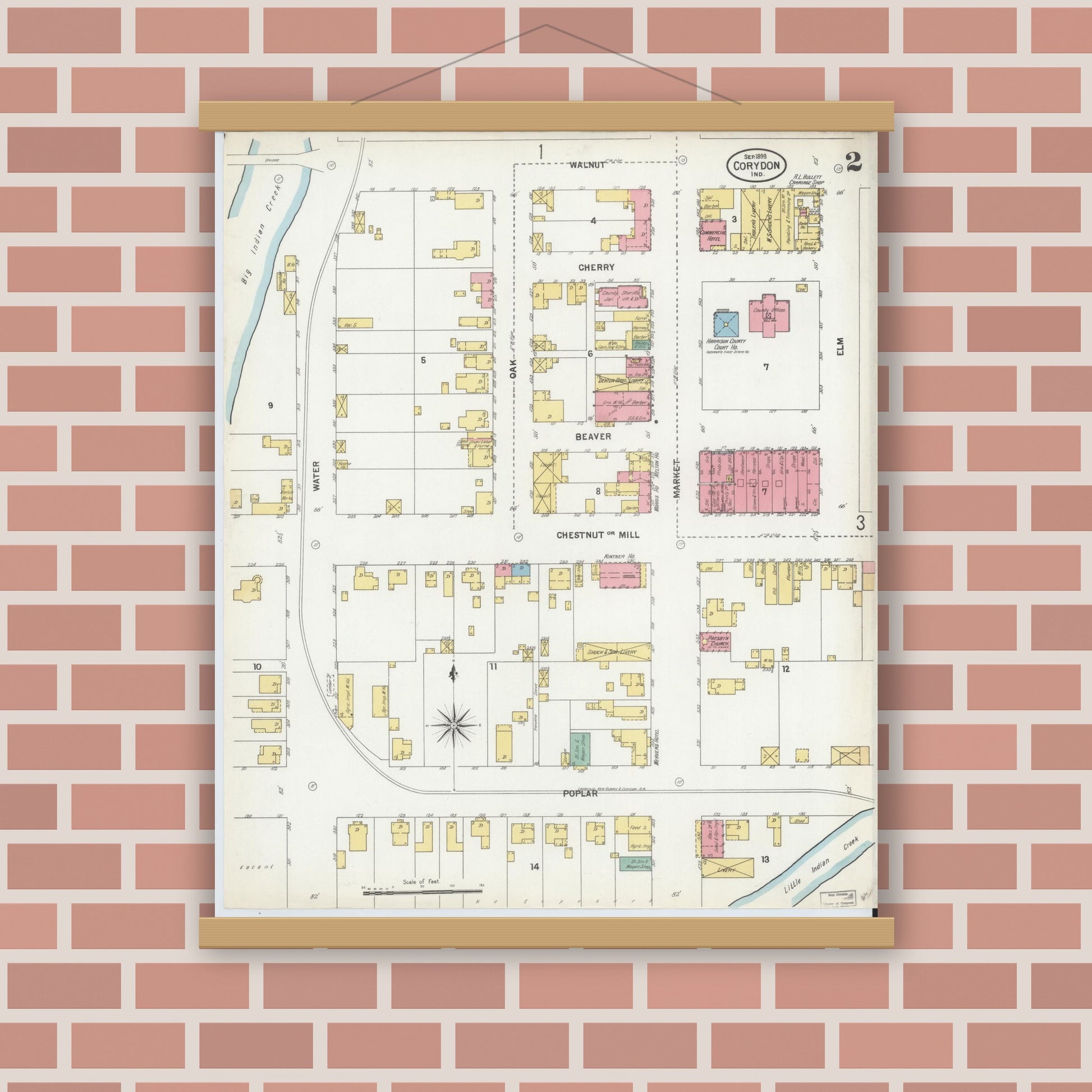 Old map wall art mockup — magnetic wood frame on brick wall — Sanborn Fire Insurance Map from Corydon, Harrison County, Indiana (1899), Sheet #0002