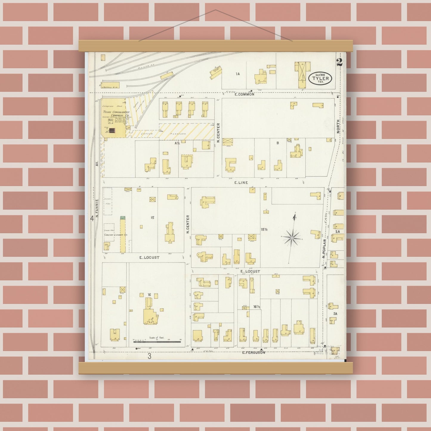 Old map wall art mockup — magnetic wood frame on brick wall — Sanborn Fire Insurance Map from Tyler, Smith County, Texas (1898), Sheet #0002