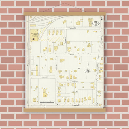 Old map wall art mockup — magnetic wood frame on brick wall — Sanborn Fire Insurance Map from Tyler, Smith County, Texas (1898), Sheet #0002