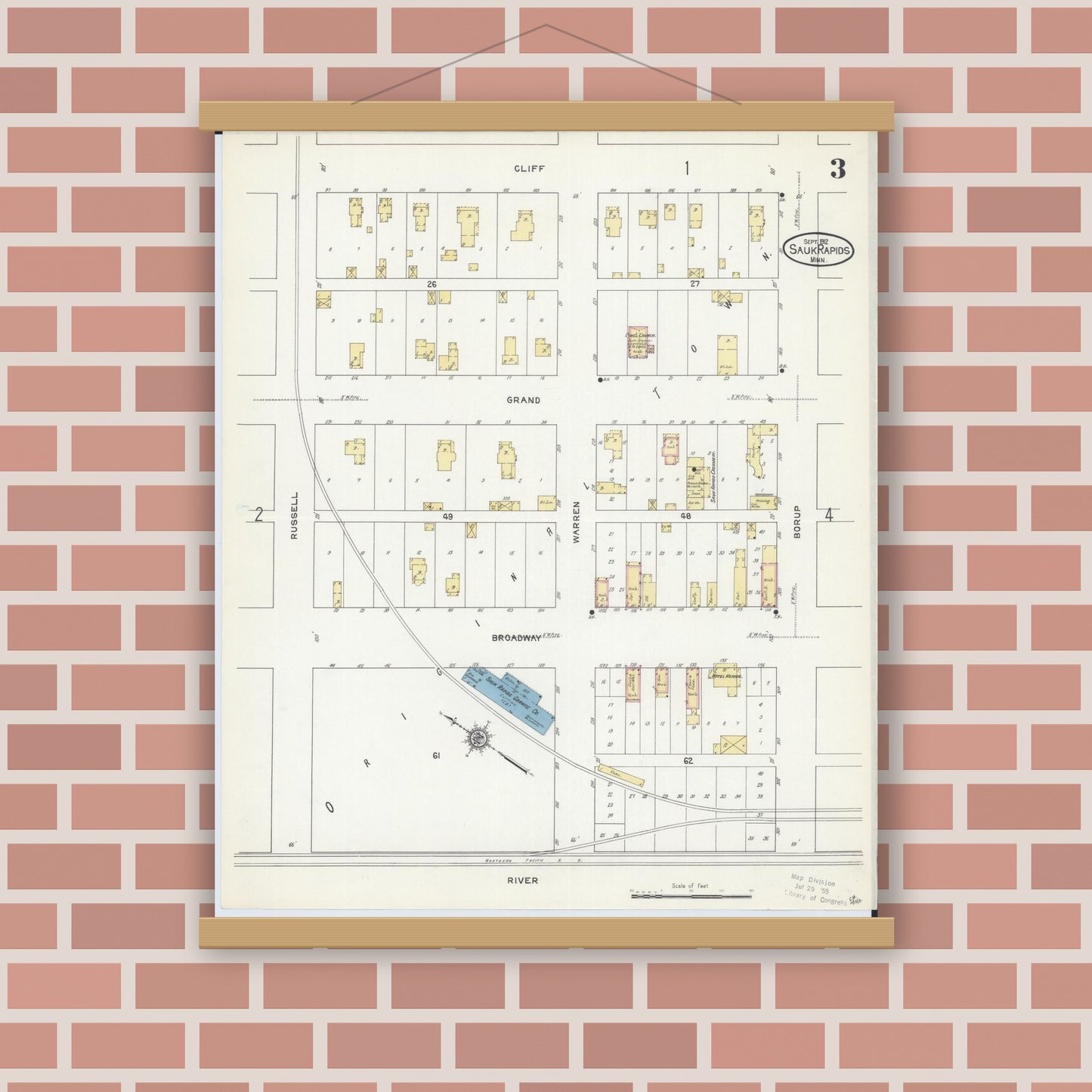 Old map wall art mockup — magnetic wood frame on brick wall — Sanborn Fire Insurance Map from Sauk Rapids, Benton County, Minnesota (1912), Sheet #0003