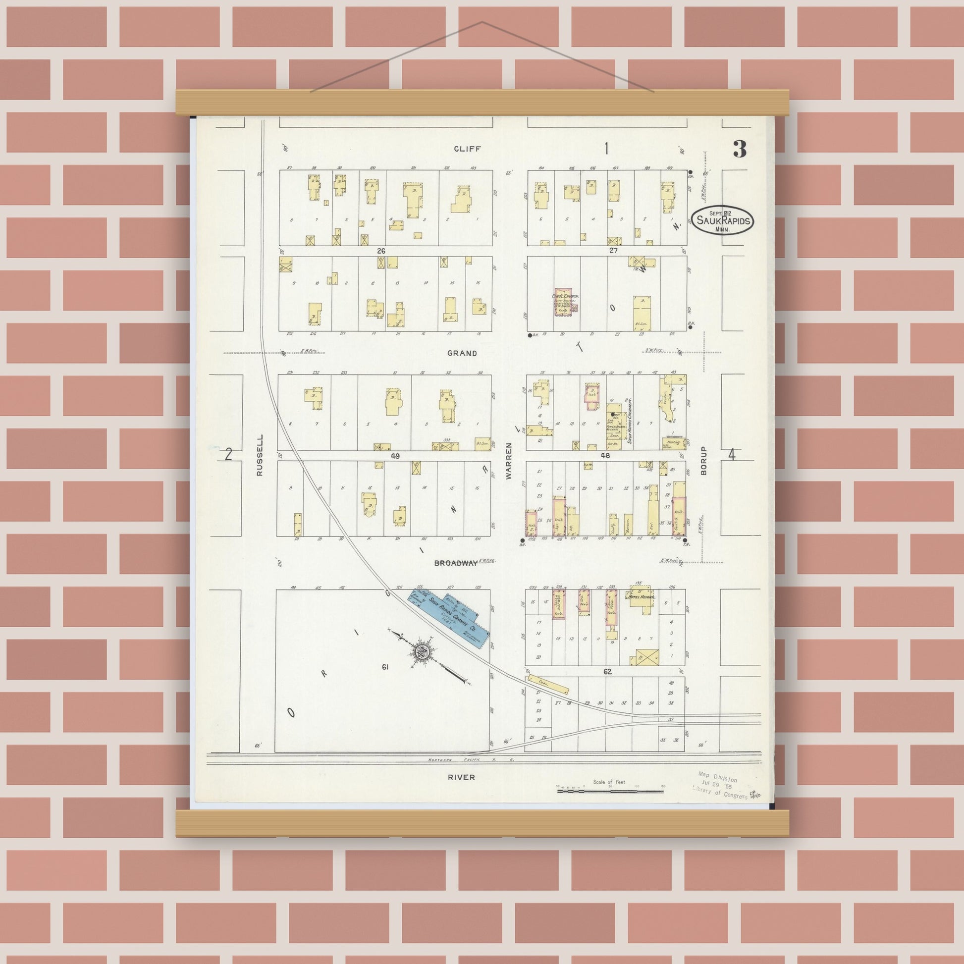 Old map wall art mockup — magnetic wood frame on brick wall — Sanborn Fire Insurance Map from Sauk Rapids, Benton County, Minnesota (1912), Sheet #0003