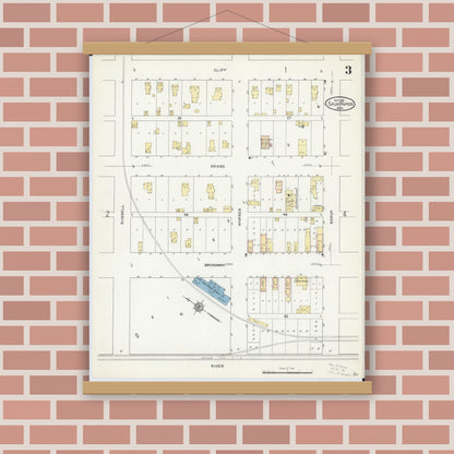 Old map wall art mockup — magnetic wood frame on brick wall — Sanborn Fire Insurance Map from Sauk Rapids, Benton County, Minnesota (1912), Sheet #0003