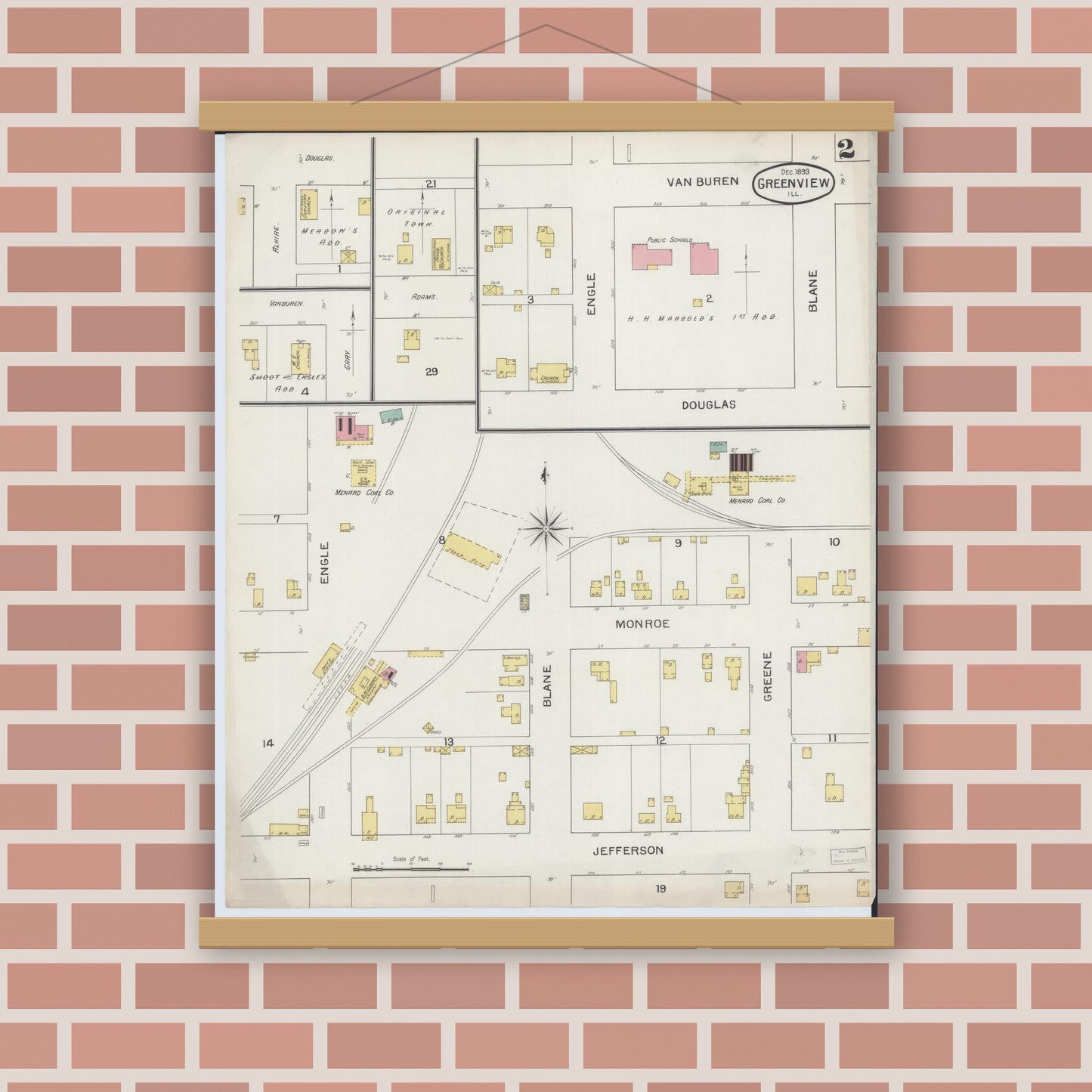 Old map wall art mockup — magnetic wood frame on brick wall — Sanborn Fire Insurance Map from Greenview, Menard County, Illinois (1893), Sheet #0002
