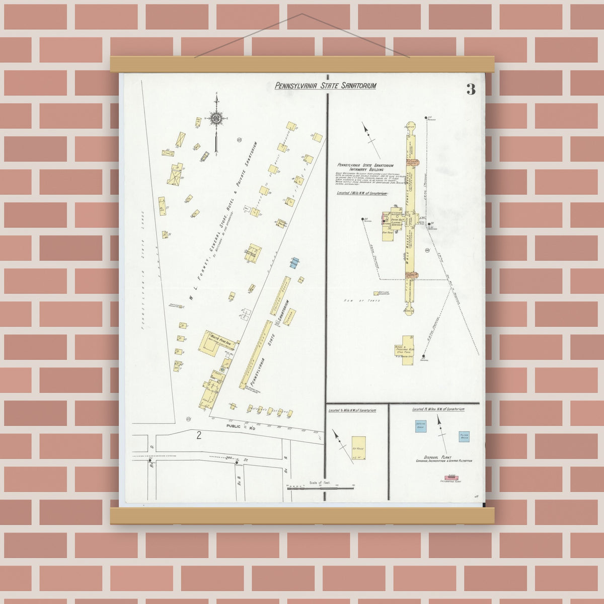 Old map wall art mockup — magnetic wood frame on brick wall — Sanborn Fire Insurance Map from South Mountain, Franklin County, Pennsylvania (1910), Sheet #0003