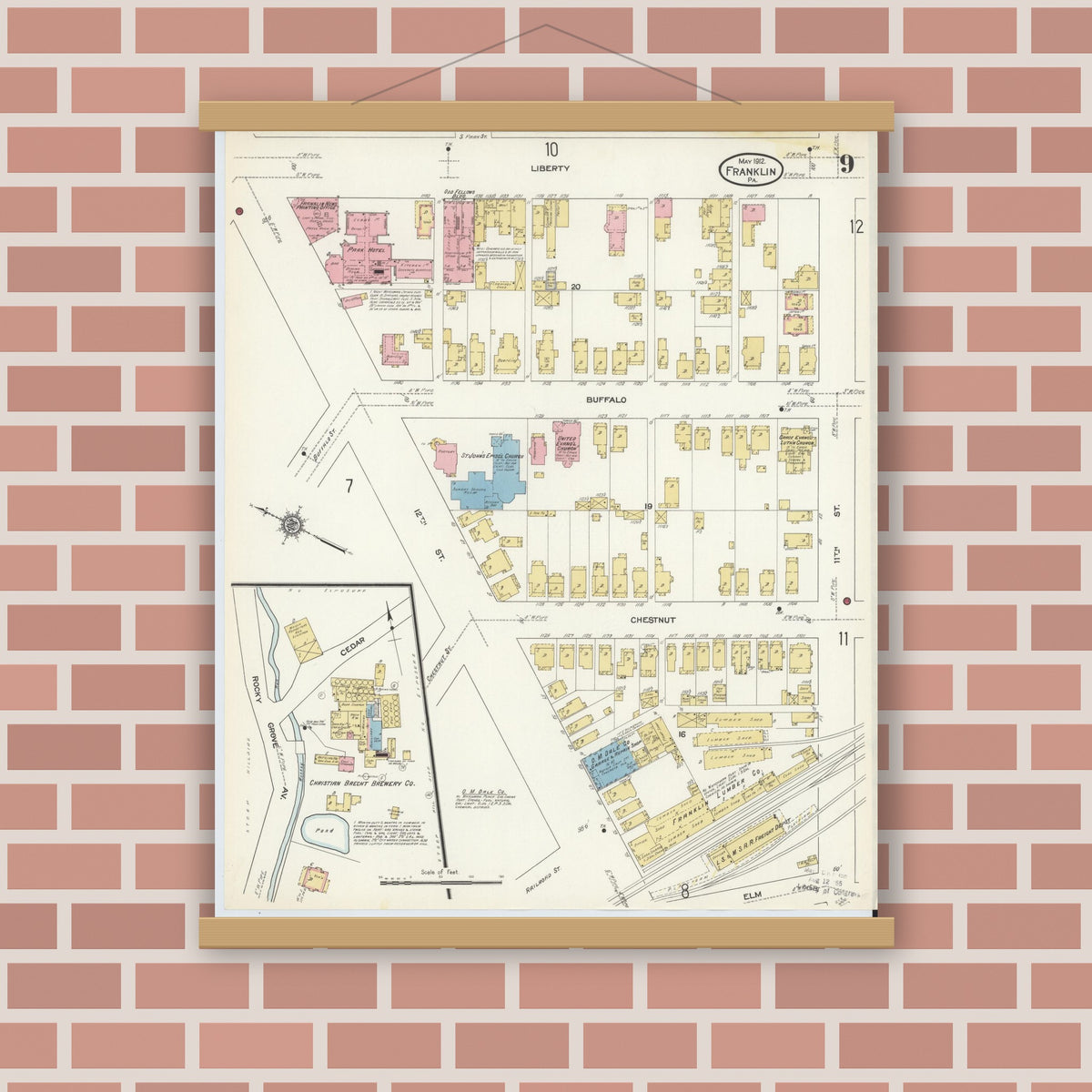 Old map wall art mockup — magnetic wood frame on brick wall — Sanborn Fire Insurance Map from Franklin, Venango County, Pennsylvania (1912), Sheet #0009