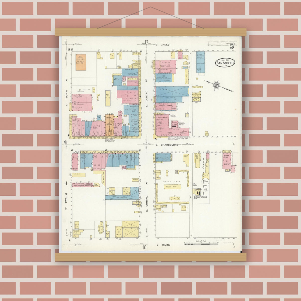 Old map wall art mockup — magnetic wood frame on brick wall — Sanborn Fire Insurance Map from San Angelo, Tom Green County, Texas (1913), Sheet #0005