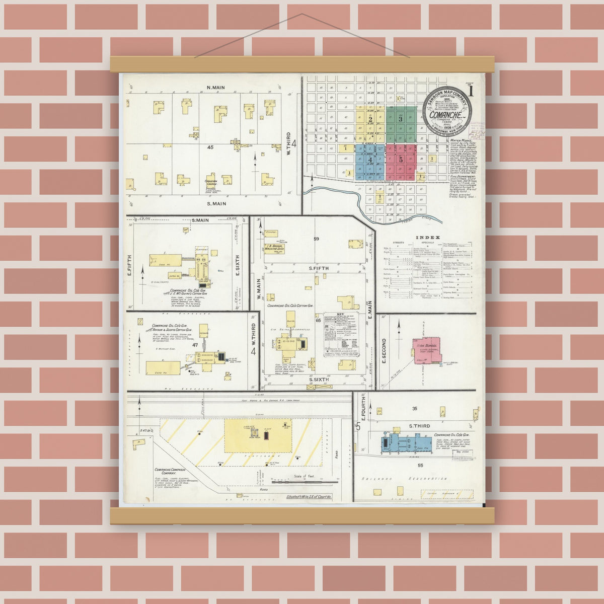 Old map wall art mockup — magnetic wood frame on brick wall — Sanborn Fire Insurance Map from Comanche, Comanche County, Texas (1908), Sheet #0001