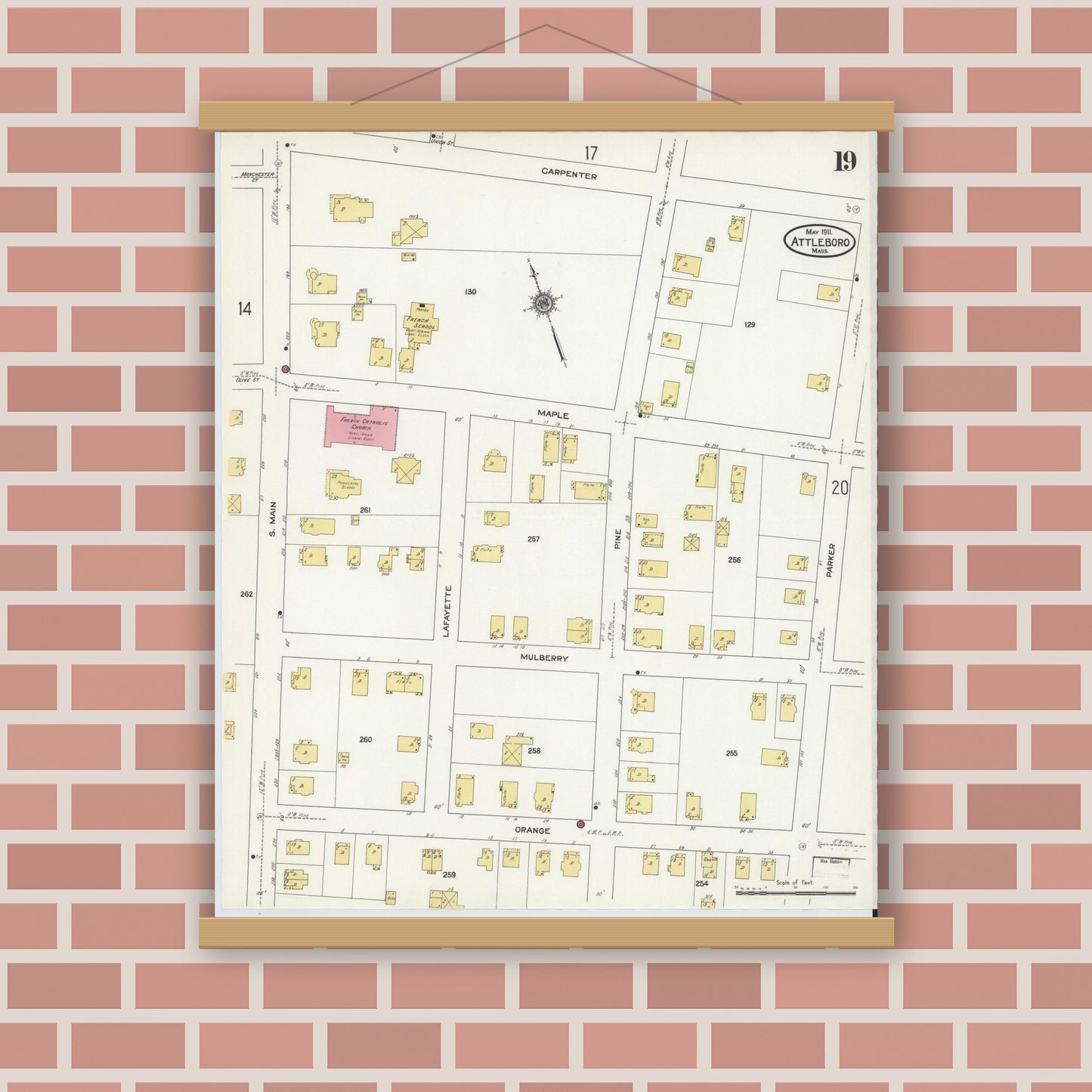 Old map wall art mockup — magnetic wood frame on brick wall — Sanborn Fire Insurance Map from Attleboro, Bristol County, Massachusetts (1911), Sheet #0019