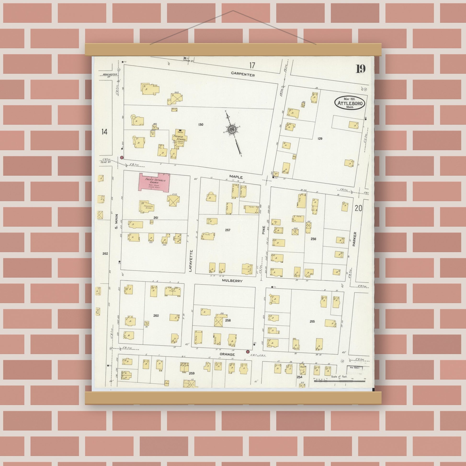 Old map wall art mockup — magnetic wood frame on brick wall — Sanborn Fire Insurance Map from Attleboro, Bristol County, Massachusetts (1911), Sheet #0019
