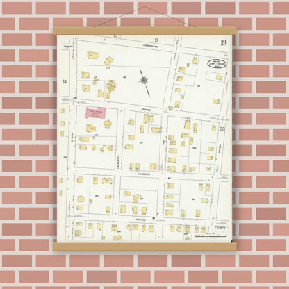 Old map wall art mockup — magnetic wood frame on brick wall — Sanborn Fire Insurance Map from Attleboro, Bristol County, Massachusetts (1911), Sheet #0019