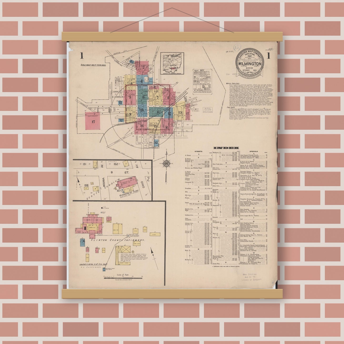 Old map wall art mockup — magnetic wood frame on brick wall — Sanborn Fire Insurance Map from Wilmington, Clinton County, Ohio (1922) - Complete Map Set
