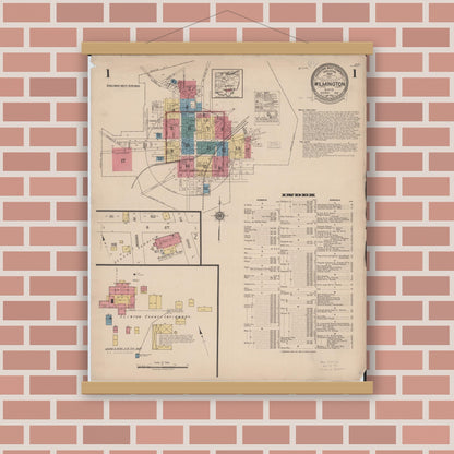 Old map wall art mockup — magnetic wood frame on brick wall — Sanborn Fire Insurance Map from Wilmington, Clinton County, Ohio (1922) - Complete Map Set