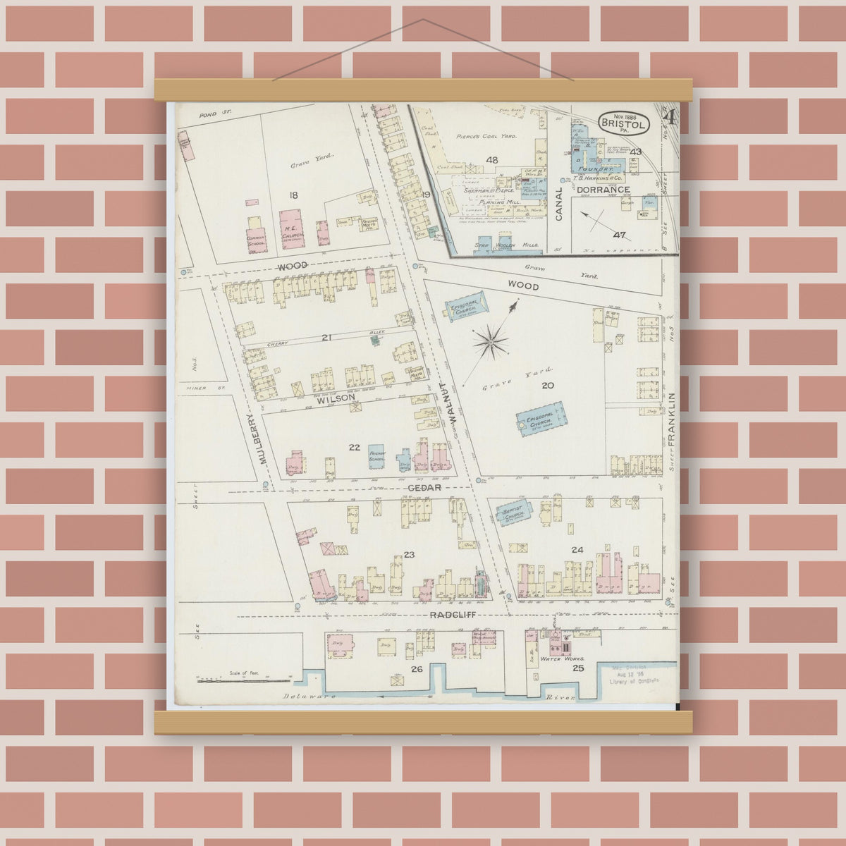 Old map wall art mockup — magnetic wood frame on brick wall — Sanborn Fire Insurance Map from Bristol, Bucks County, Pennsylvania (1886), Sheet #0004