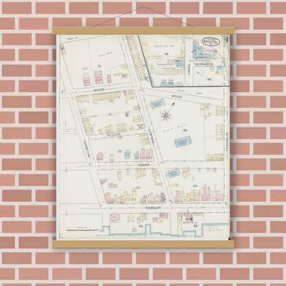 Old map wall art mockup — magnetic wood frame on brick wall — Sanborn Fire Insurance Map from Bristol, Bucks County, Pennsylvania (1886), Sheet #0004