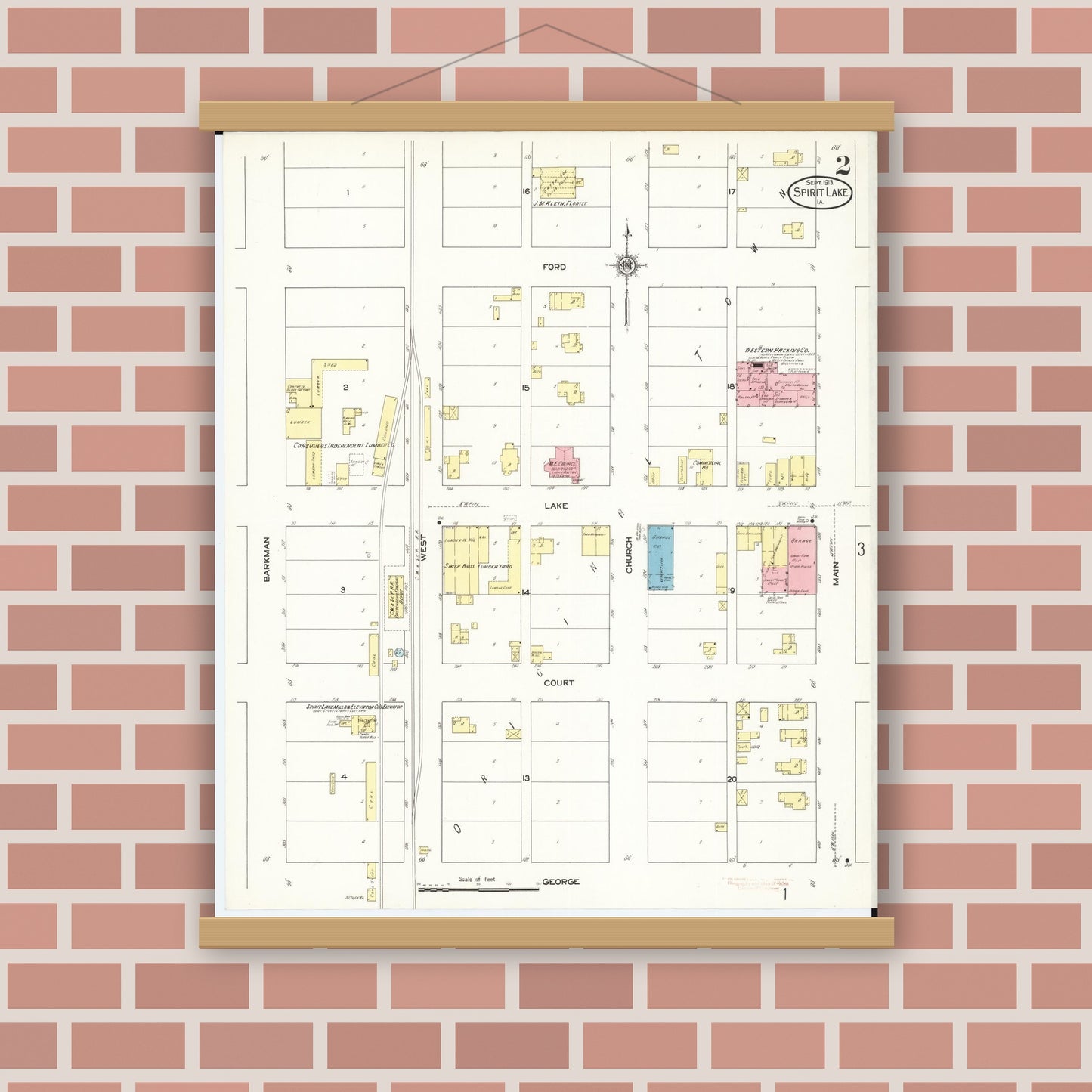 Old map wall art mockup — magnetic wood frame on brick wall — Sanborn Fire Insurance Map from Spirit Lake, Dickinson County, Iowa (1913), Sheet #0002