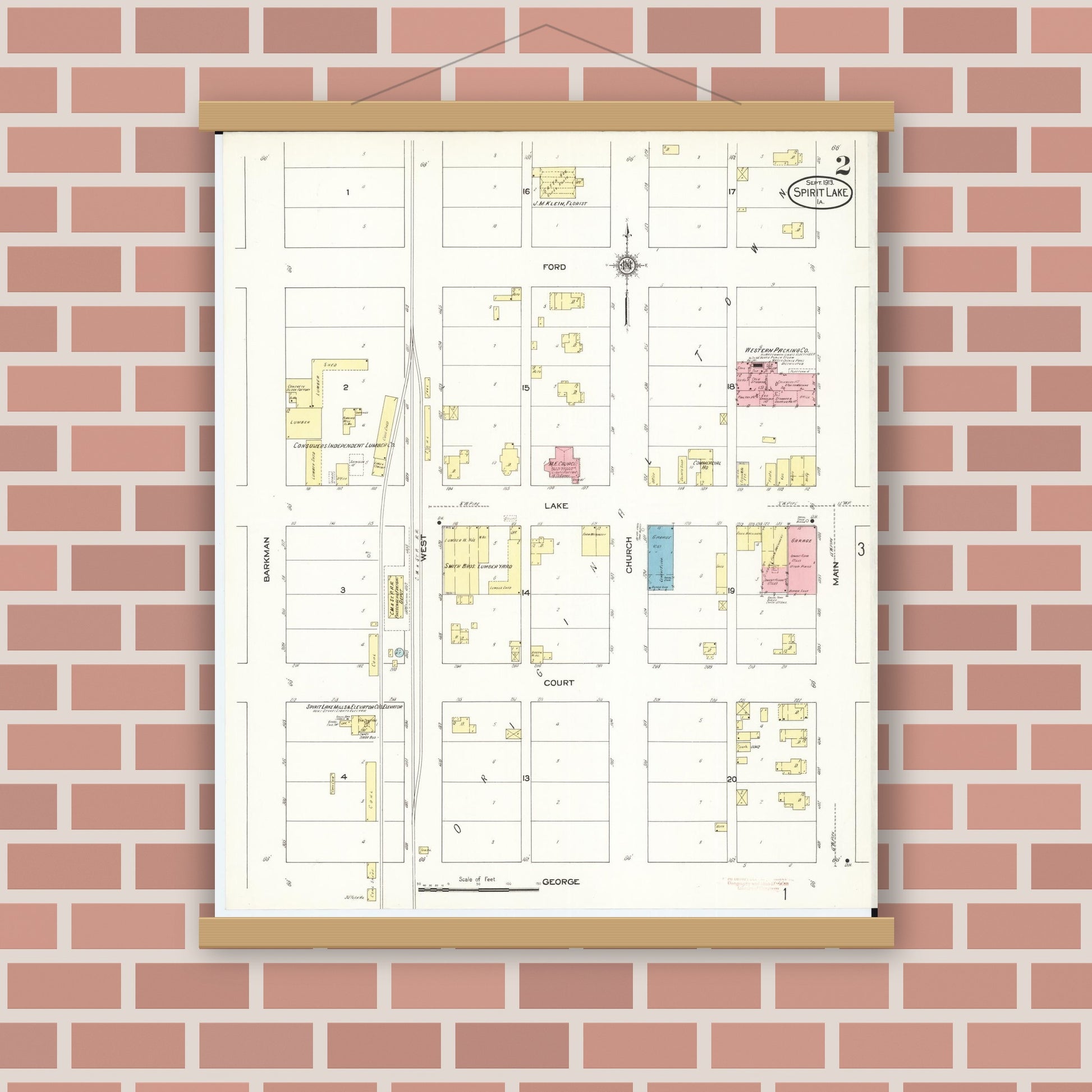 Old map wall art mockup — magnetic wood frame on brick wall — Sanborn Fire Insurance Map from Spirit Lake, Dickinson County, Iowa (1913), Sheet #0002
