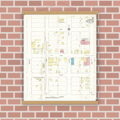 Old map wall art mockup — magnetic wood frame on brick wall — Sanborn Fire Insurance Map from Spirit Lake, Dickinson County, Iowa (1913), Sheet #0002