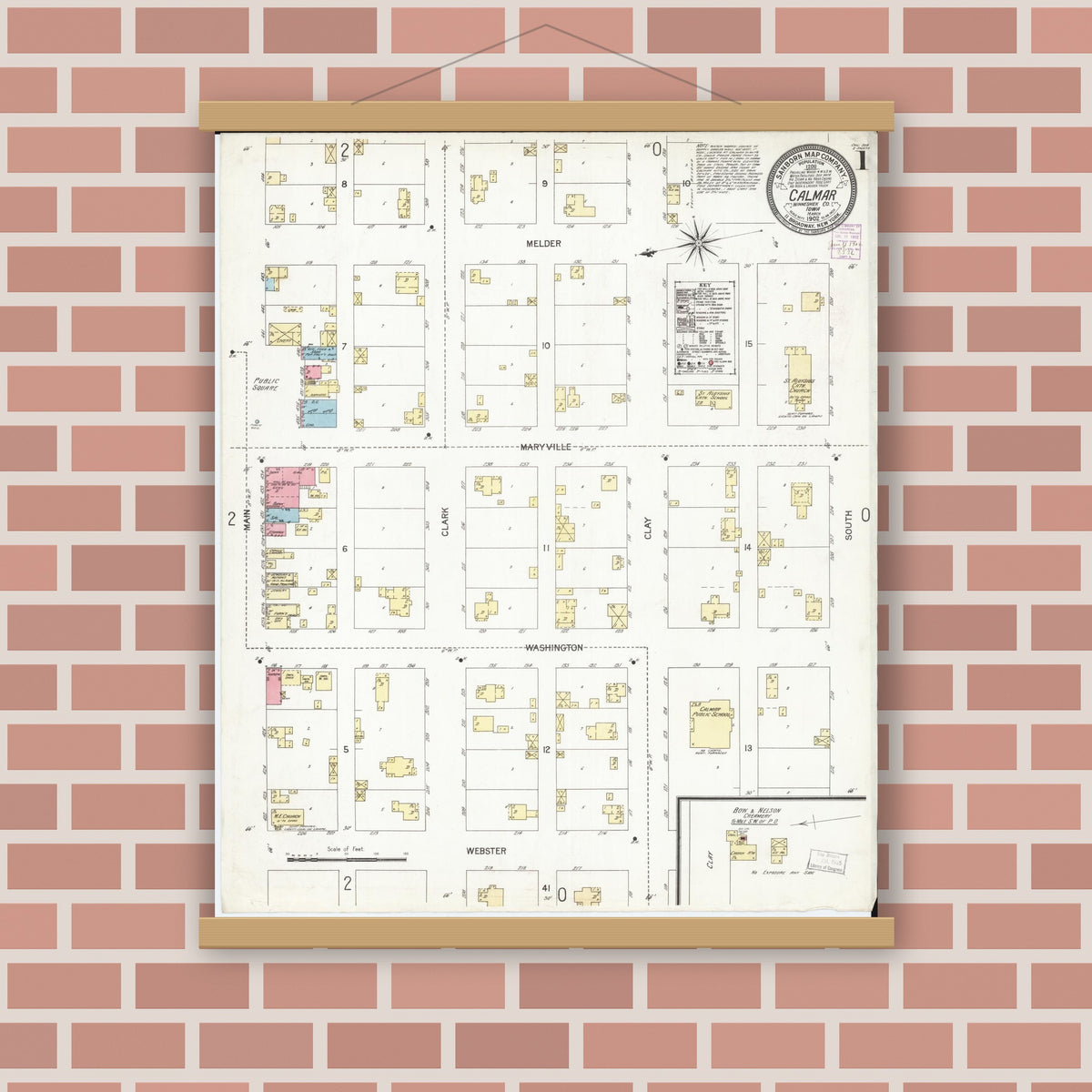 Old map wall art mockup — magnetic wood frame on brick wall — Sanborn Fire Insurance Map from Calmar, Winneshiek County, Iowa (1902) â€” Complete Set