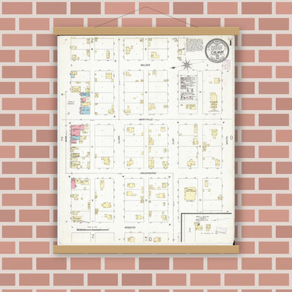 Old map wall art mockup — magnetic wood frame on brick wall — Sanborn Fire Insurance Map from Calmar, Winneshiek County, Iowa (1902) â€” Complete Set