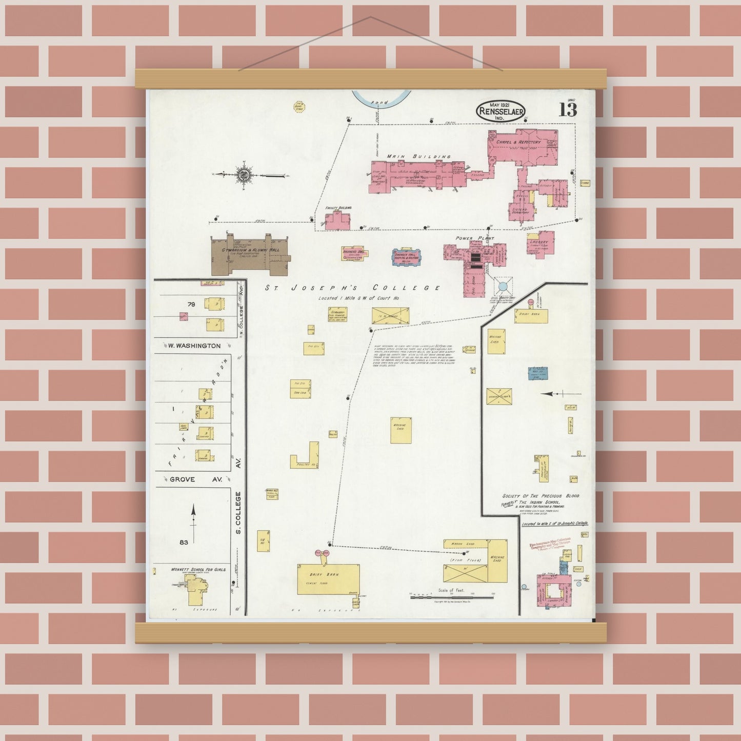 Old map wall art mockup — magnetic wood frame on brick wall — Sanborn Fire Insurance Map from Rensselaer, Jasper County, Indiana (1921), Sheet #0013