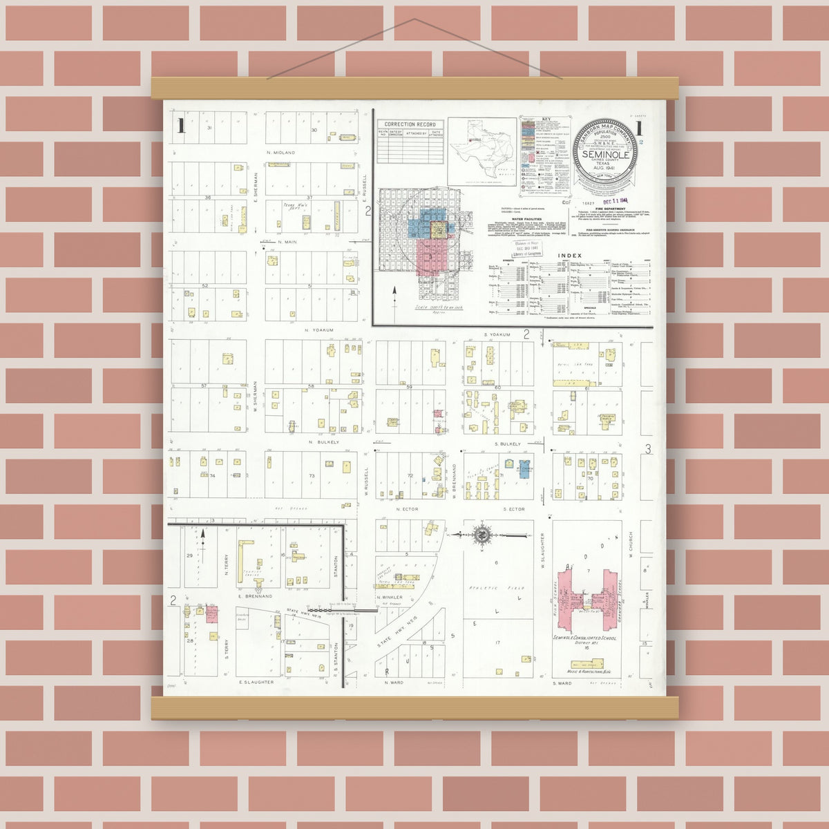 Old map wall art mockup — magnetic wood frame on brick wall — Sanborn Fire Insurance Map from Seminole, Gaines County, Texas (1941) - Complete Map Set