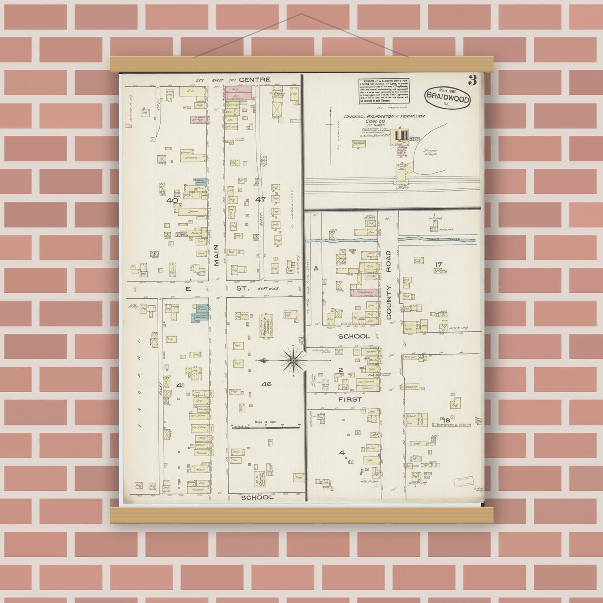 Old map wall art mockup — magnetic wood frame on brick wall — Sanborn Fire Insurance Map from Braidwood, Will County, Illinois (1885), Sheet #0003
