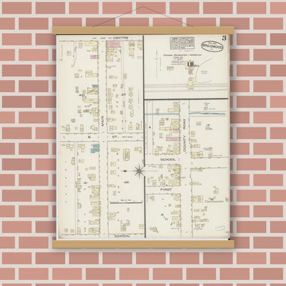 Old map wall art mockup — magnetic wood frame on brick wall — Sanborn Fire Insurance Map from Braidwood, Will County, Illinois (1885), Sheet #0003