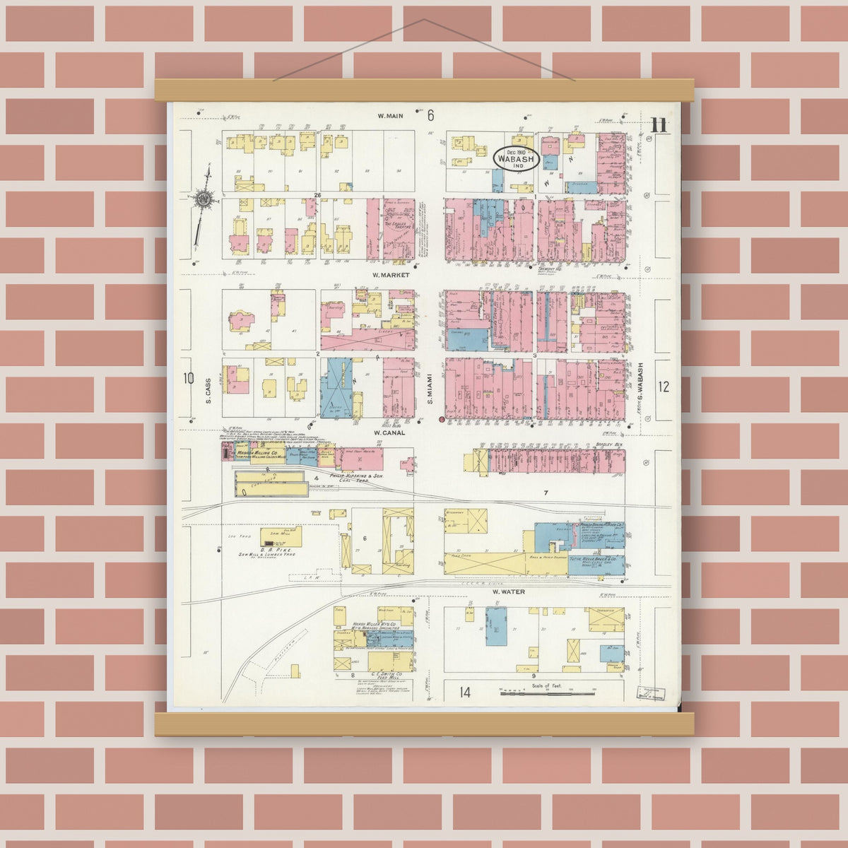 Old map wall art mockup — magnetic wood frame on brick wall — Sanborn Fire Insurance Map from Wabash, Wabash County, Indiana (1910), Sheet #0011