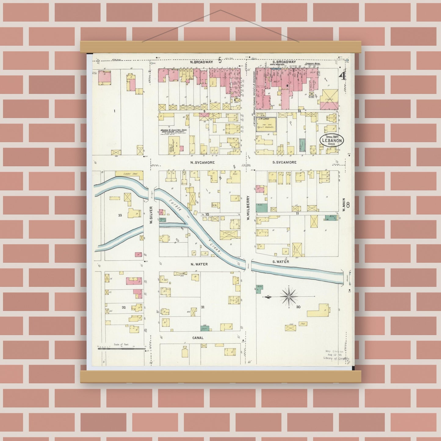 Old map wall art mockup — magnetic wood frame on brick wall — Sanborn Fire Insurance Map from Lebanon, Warren County, Ohio (1907), Sheet #0004