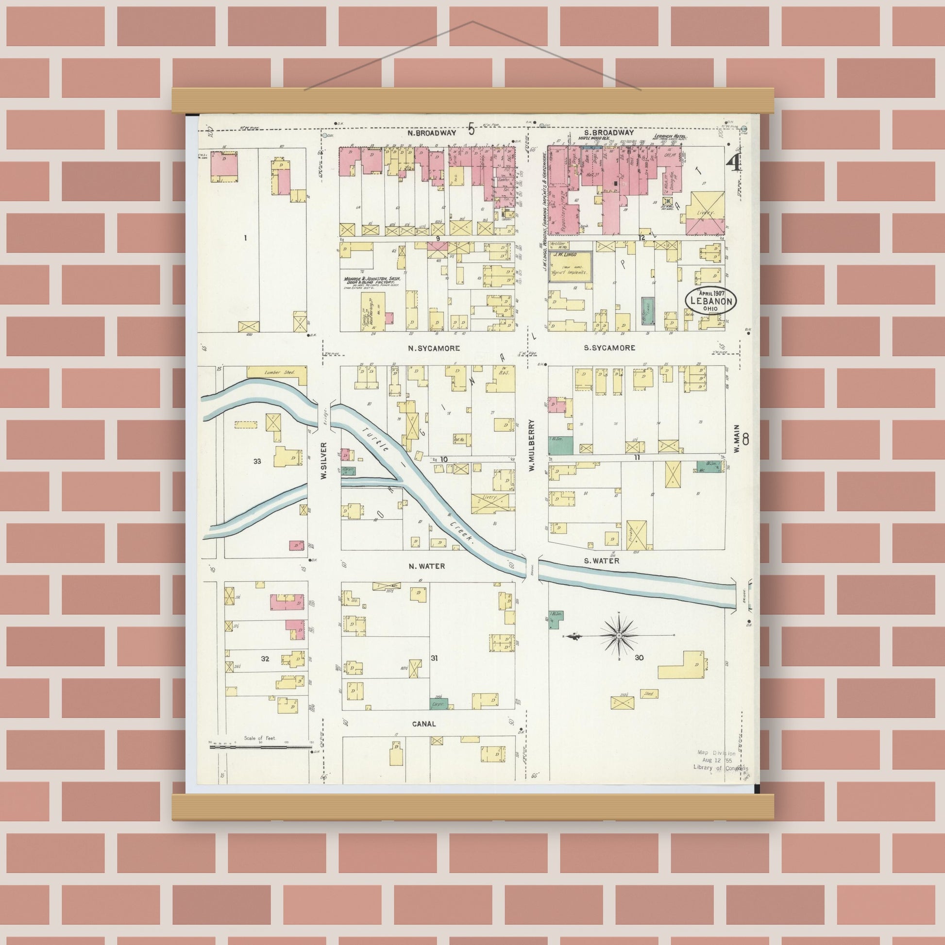 Old map wall art mockup — magnetic wood frame on brick wall — Sanborn Fire Insurance Map from Lebanon, Warren County, Ohio (1907), Sheet #0004