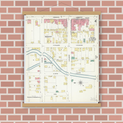 Old map wall art mockup — magnetic wood frame on brick wall — Sanborn Fire Insurance Map from Lebanon, Warren County, Ohio (1907), Sheet #0004