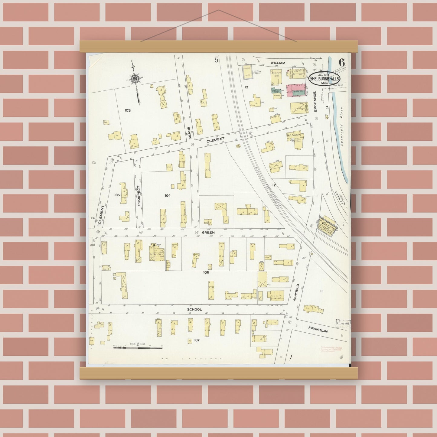 Old map wall art mockup — magnetic wood frame on brick wall — Sanborn Fire Insurance Map from Shelburne Falls, Franklin County, Massachusetts (1910), Sheet #0006