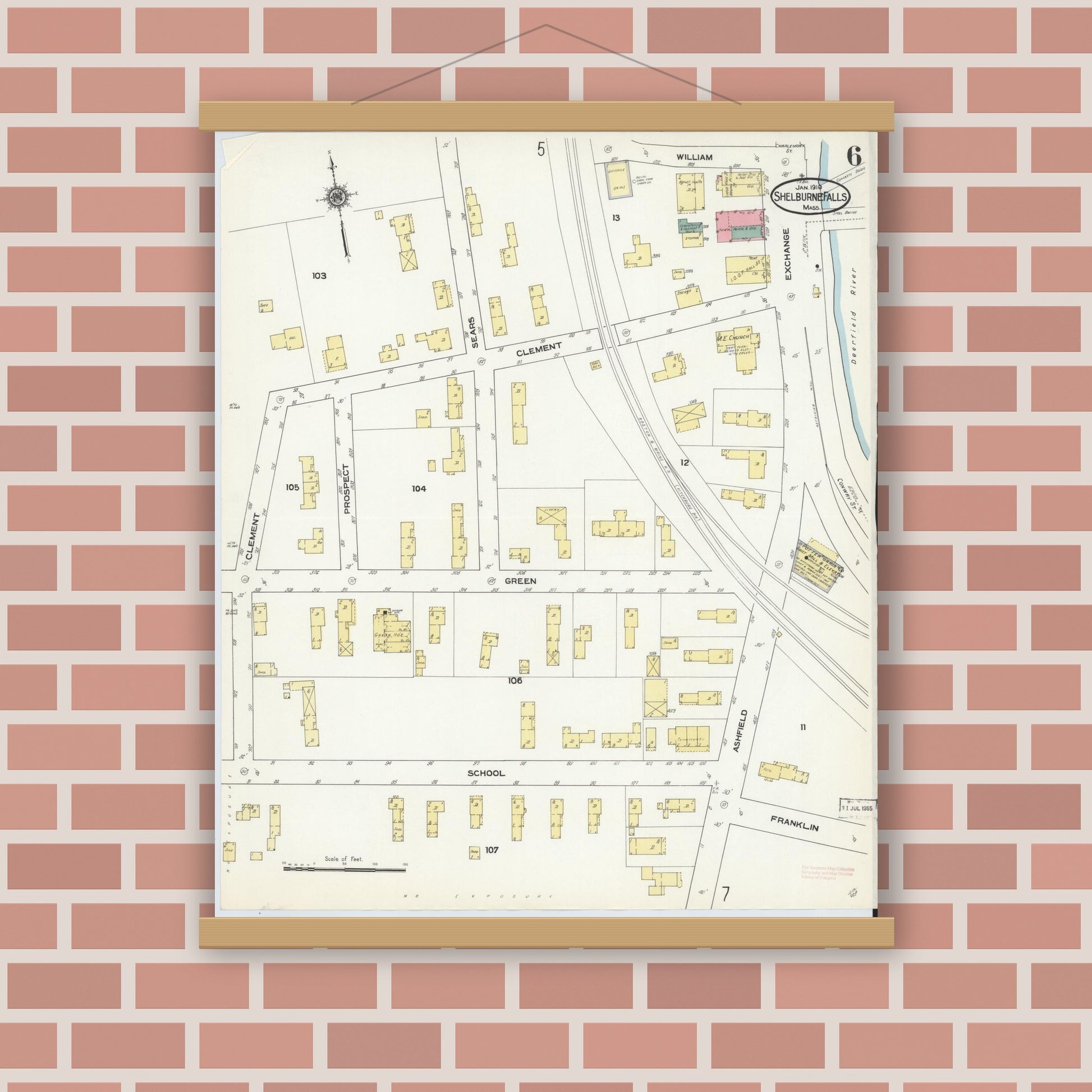 Old map wall art mockup — magnetic wood frame on brick wall — Sanborn Fire Insurance Map from Shelburne Falls, Franklin County, Massachusetts (1910), Sheet #0006