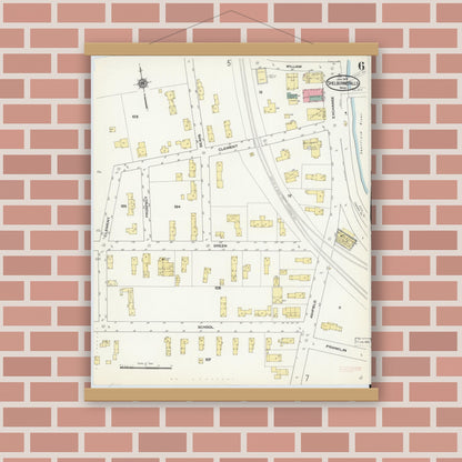 Old map wall art mockup — magnetic wood frame on brick wall — Sanborn Fire Insurance Map from Shelburne Falls, Franklin County, Massachusetts (1910), Sheet #0006