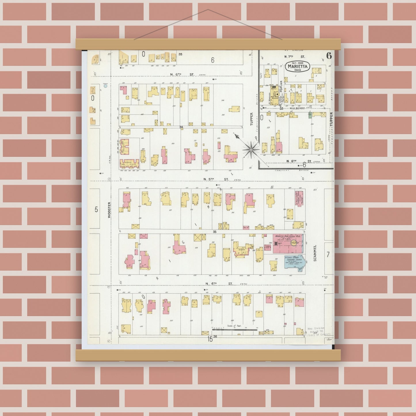 Old map wall art mockup — magnetic wood frame on brick wall — Sanborn Fire Insurance Map from Marietta, Washington County, Ohio (1900), Sheet #0006