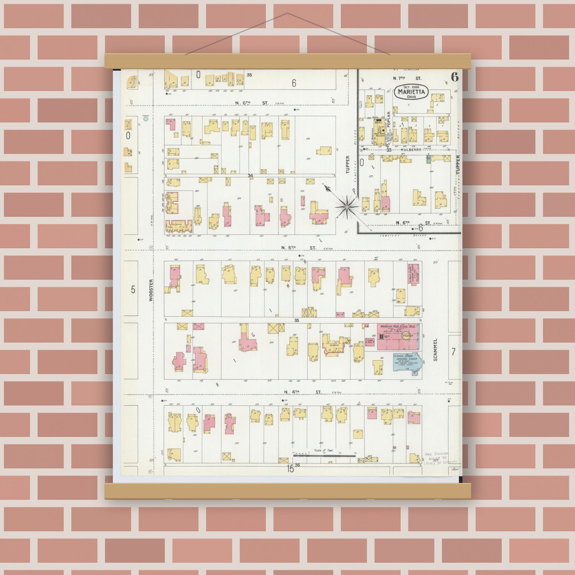 Old map wall art mockup — magnetic wood frame on brick wall — Sanborn Fire Insurance Map from Marietta, Washington County, Ohio (1900), Sheet #0006