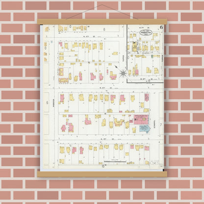 Old map wall art mockup — magnetic wood frame on brick wall — Sanborn Fire Insurance Map from Marietta, Washington County, Ohio (1900), Sheet #0006