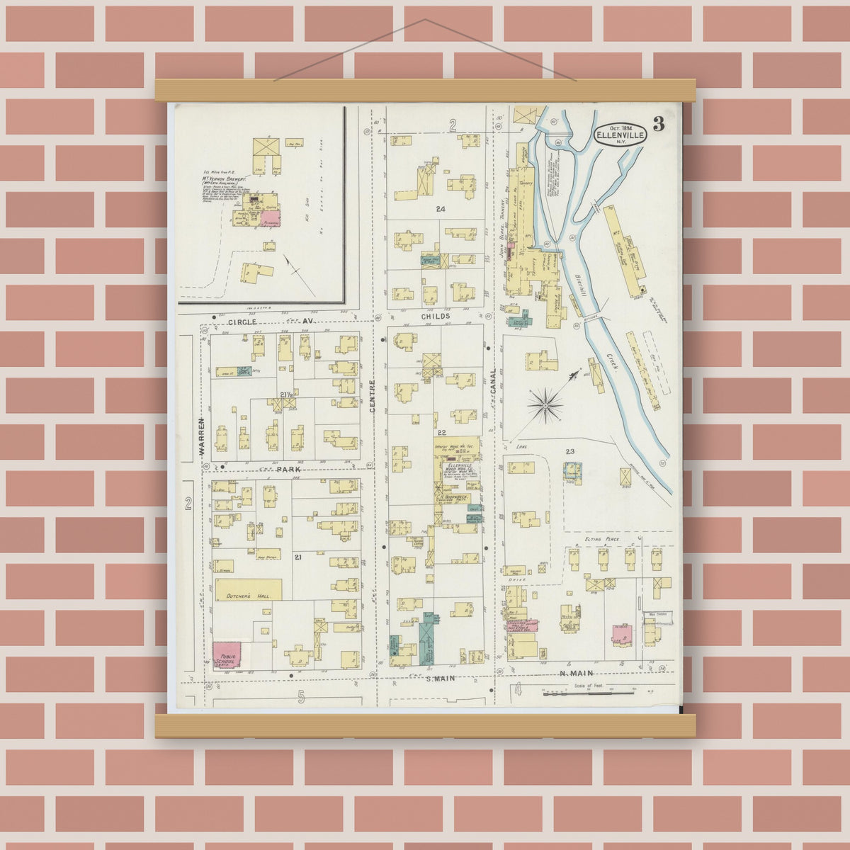 Old map wall art mockup — magnetic wood frame on brick wall — Sanborn Fire Insurance Map from Ellenville, Ulster County, New York (1894), Sheet #0003