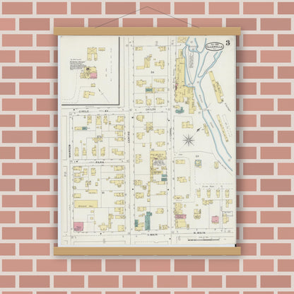 Old map wall art mockup — magnetic wood frame on brick wall — Sanborn Fire Insurance Map from Ellenville, Ulster County, New York (1894), Sheet #0003