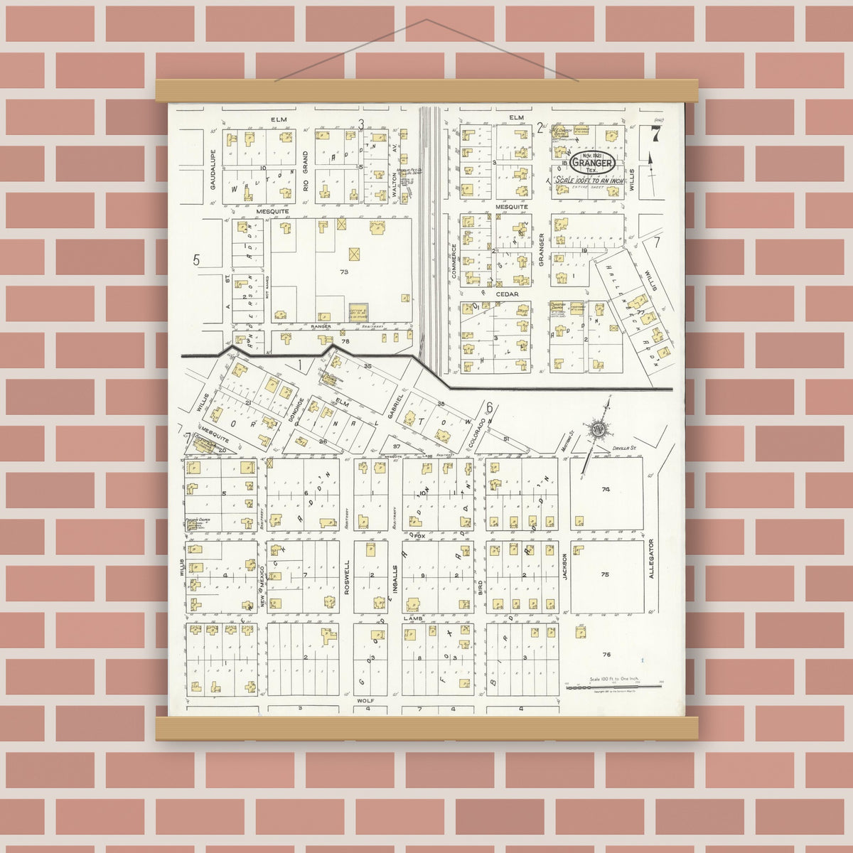 Old map wall art mockup — magnetic wood frame on brick wall — Sanborn Fire Insurance Map from Granger, Williamson County, Texas (1921), Sheet #0007