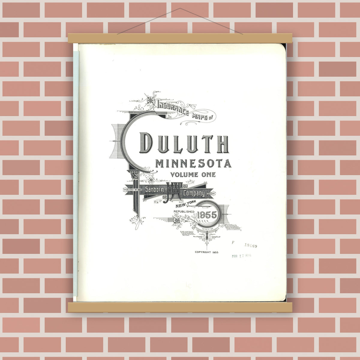 Old map wall art mockup — magnetic wood frame on brick wall — Sanborn Fire Insurance Map from Duluth, Saint Louis County, Minnesota (1955), Sheet #0001