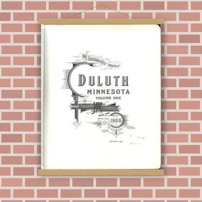 Old map wall art mockup — magnetic wood frame on brick wall — Sanborn Fire Insurance Map from Duluth, Saint Louis County, Minnesota (1955), Sheet #0001