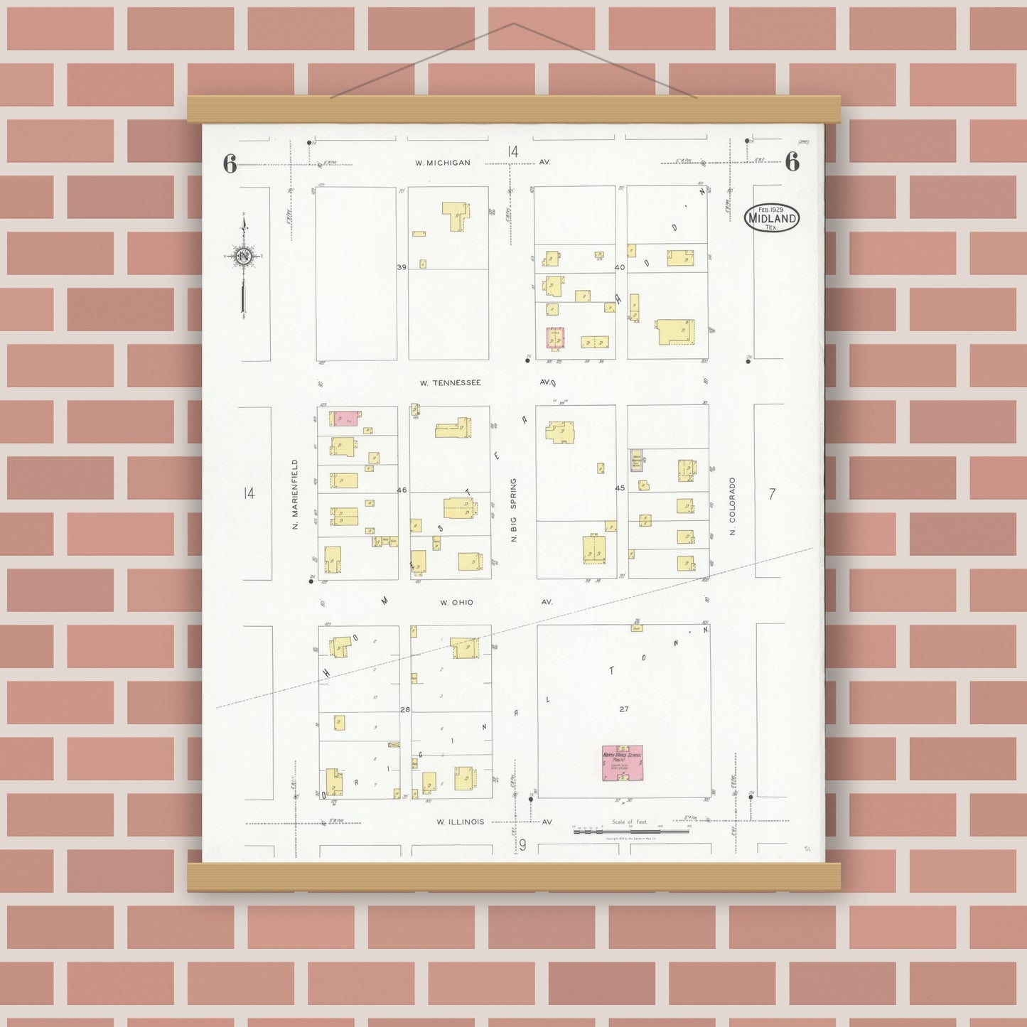 Old map wall art mockup — magnetic wood frame on brick wall — Sanborn Fire Insurance Map from Midland, Midland County, Texas (1929), Sheet #0006
