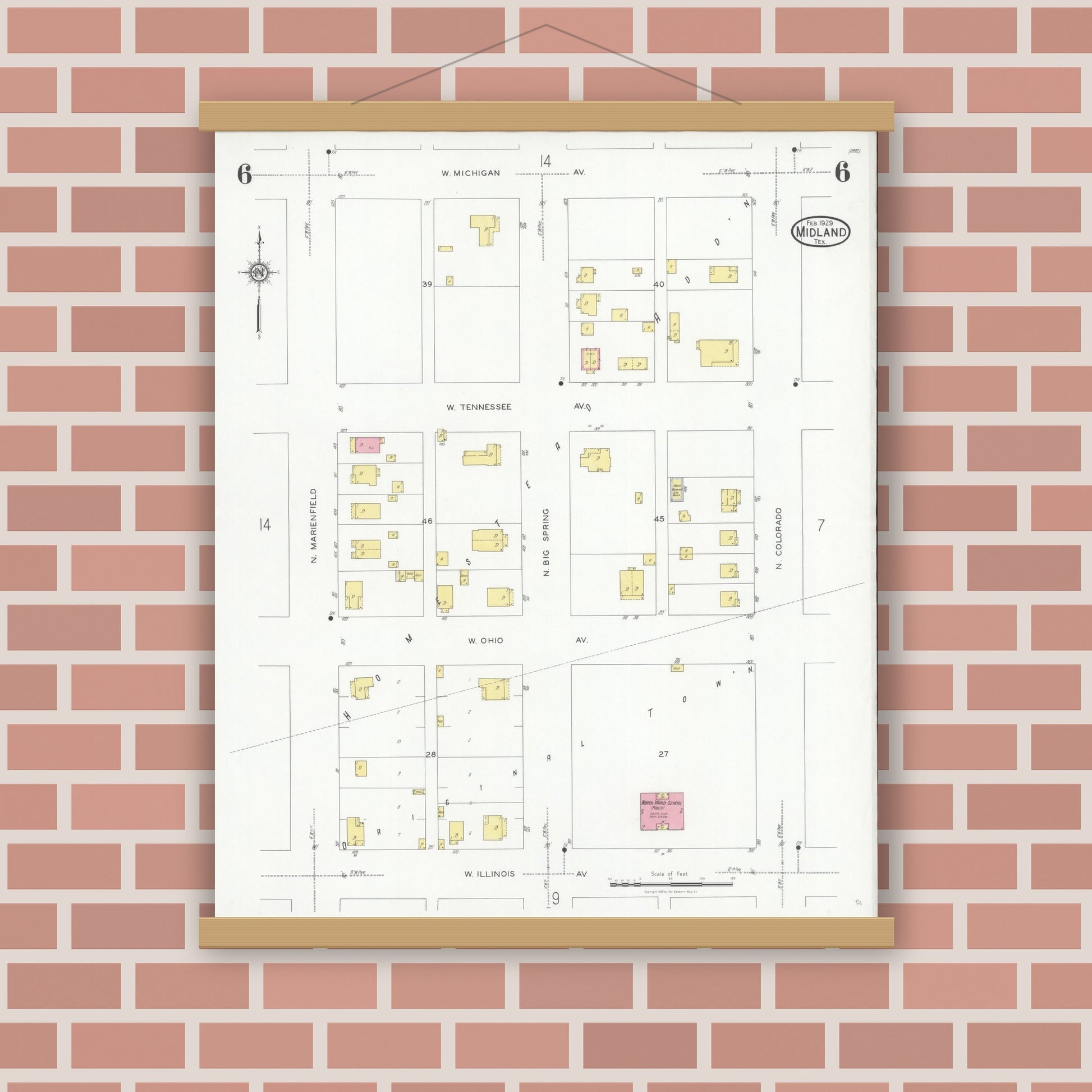 Old map wall art mockup — magnetic wood frame on brick wall — Sanborn Fire Insurance Map from Midland, Midland County, Texas (1929), Sheet #0006