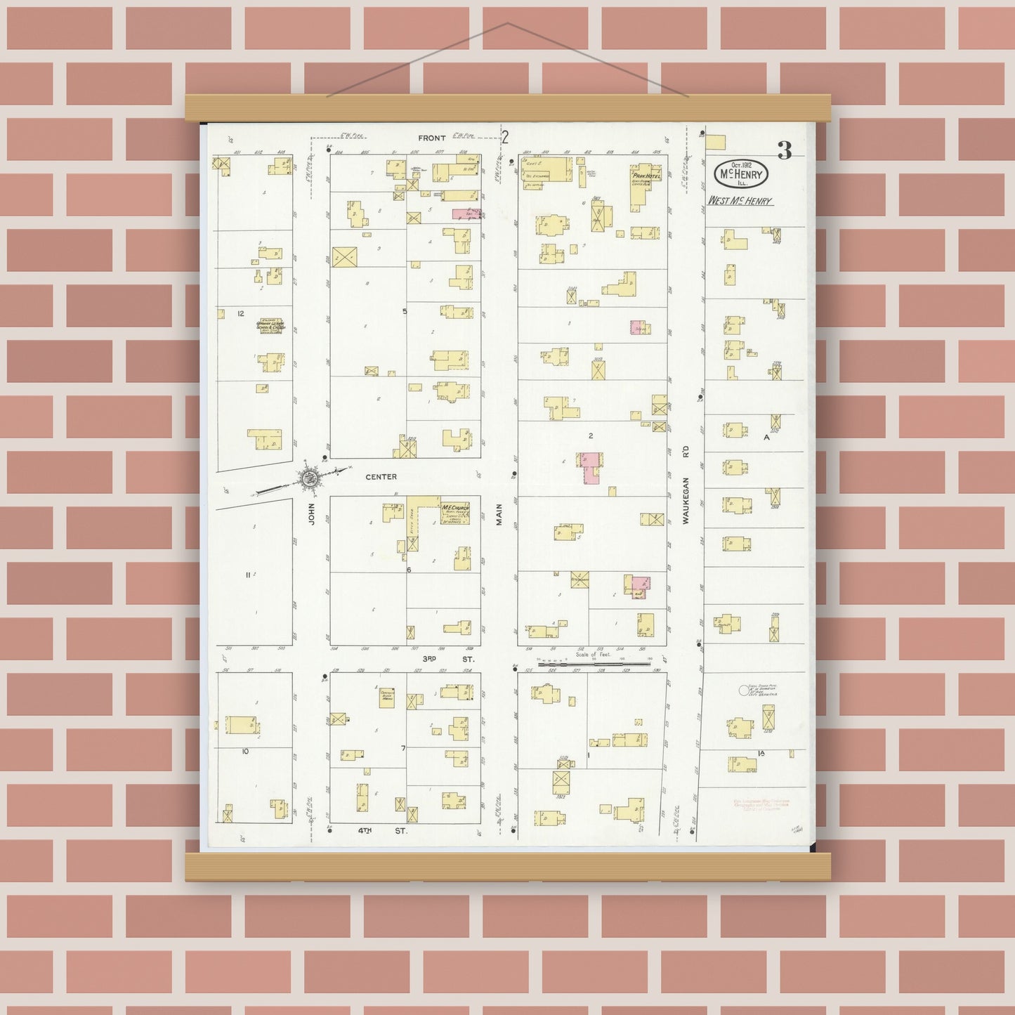 Old map wall art mockup — magnetic wood frame on brick wall — Sanborn Fire Insurance Map from McHenry, McHenry County, Illinois (1912), Sheet #0003