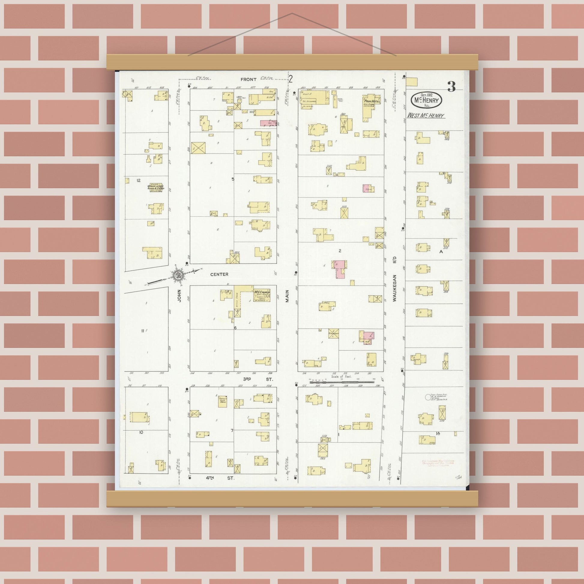 Old map wall art mockup — magnetic wood frame on brick wall — Sanborn Fire Insurance Map from McHenry, McHenry County, Illinois (1912), Sheet #0003