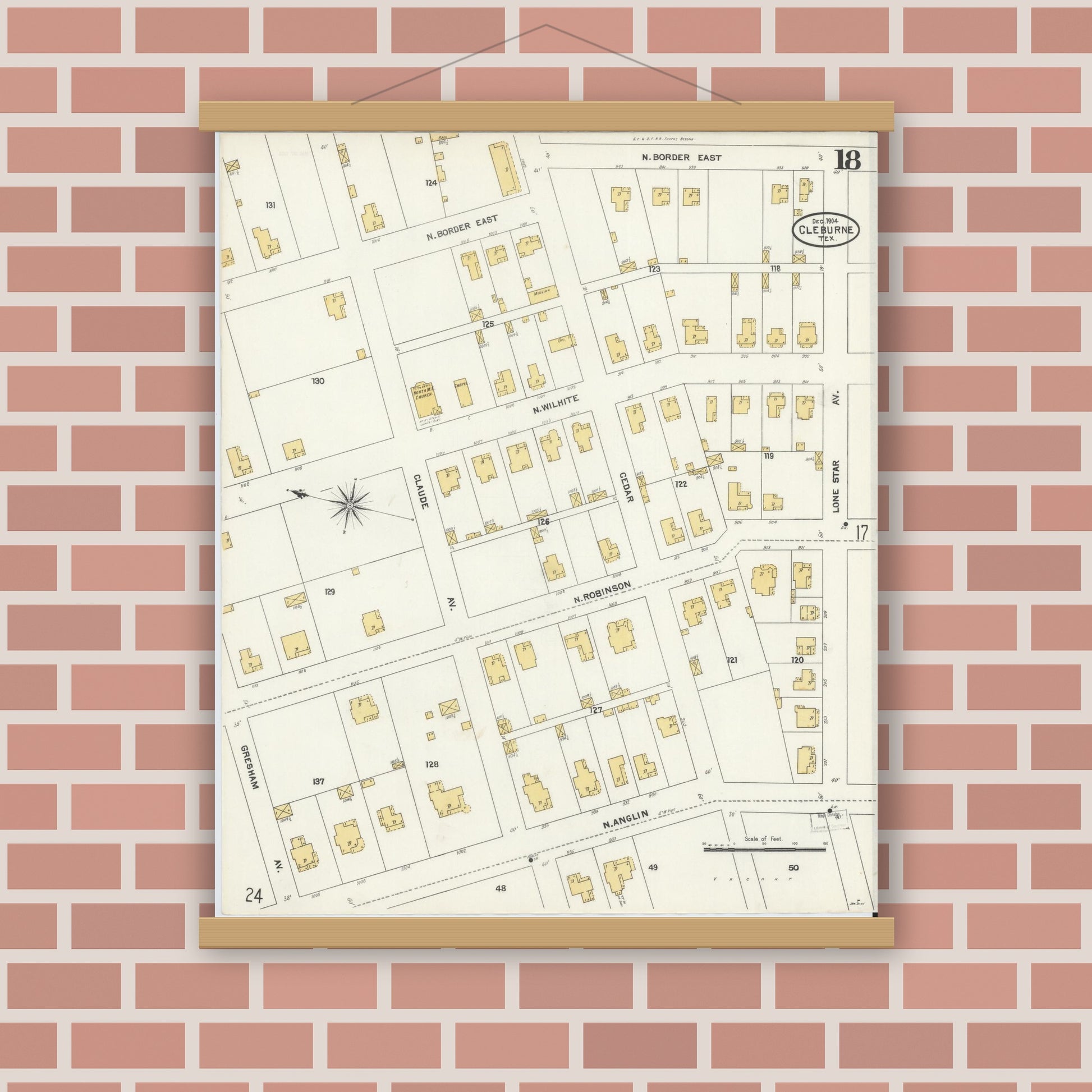 Old map wall art mockup — magnetic wood frame on brick wall — Sanborn Fire Insurance Map from Cleburne, Johnson County, Texas (1904), Sheet #0018