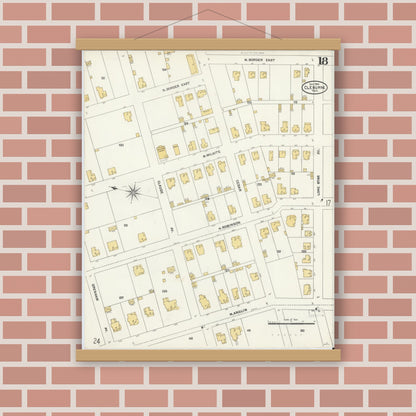 Old map wall art mockup — magnetic wood frame on brick wall — Sanborn Fire Insurance Map from Cleburne, Johnson County, Texas (1904), Sheet #0018