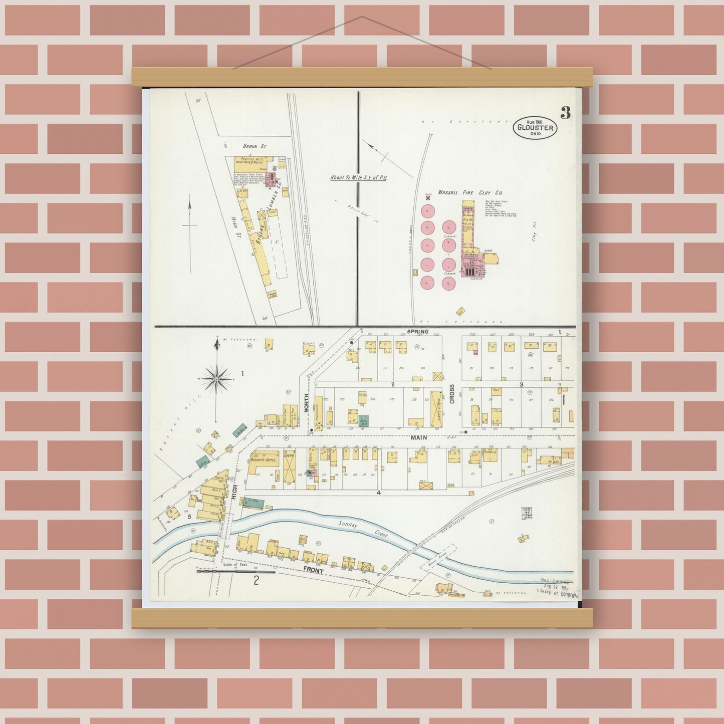 Old map wall art mockup — magnetic wood frame on brick wall — Sanborn Fire Insurance Map from Glouster, Athens County, Ohio (1901), Sheet #0003