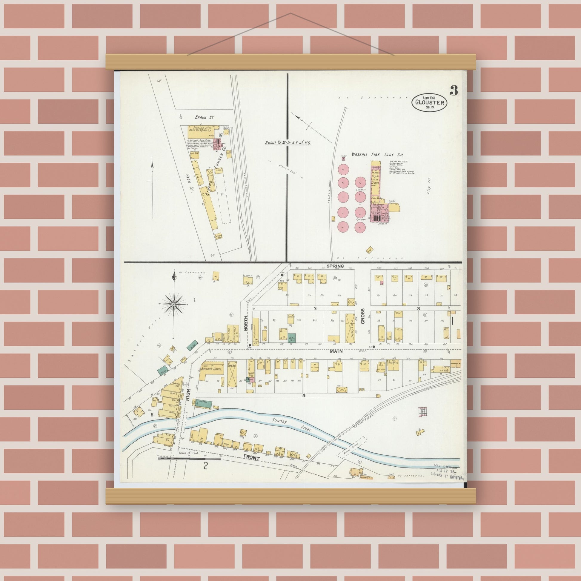Old map wall art mockup — magnetic wood frame on brick wall — Sanborn Fire Insurance Map from Glouster, Athens County, Ohio (1901), Sheet #0003